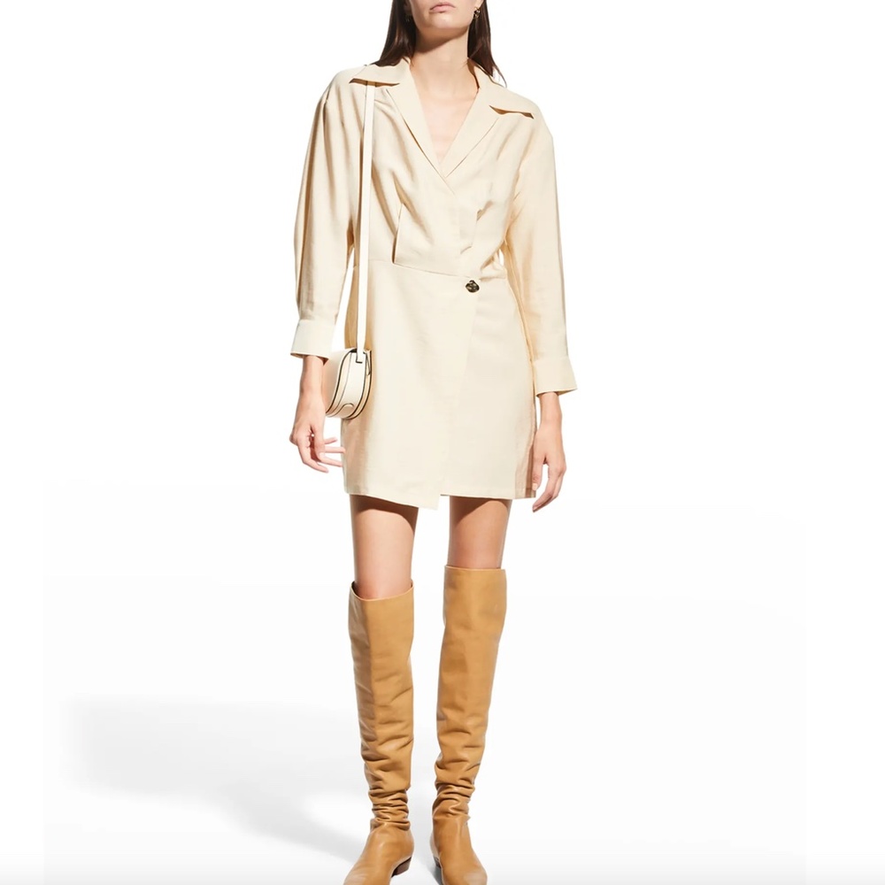 NWT $395 Vince Shaped-Collar Long-Sleeve Wrap Dress in Pale Sand - Size 16!